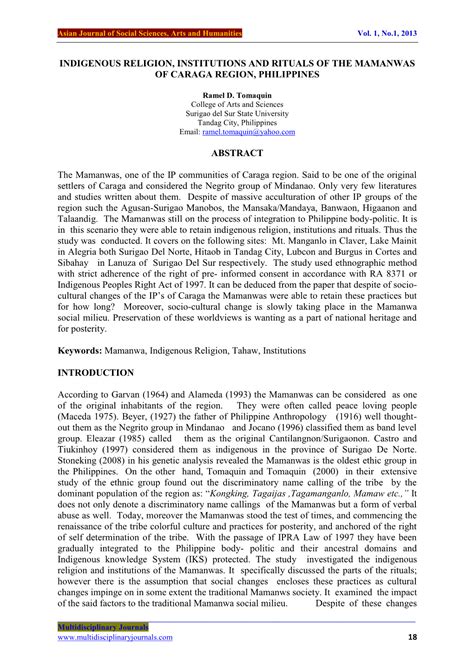 INDIGENOUS RELIGION, INSTITUTIONS AND RITUALS OF .